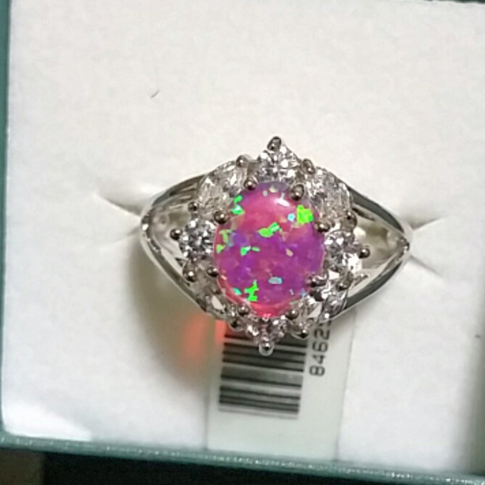 OPAL & WHITE SAPPHIRE RING SILVER PLATED - Picture 5 of 6